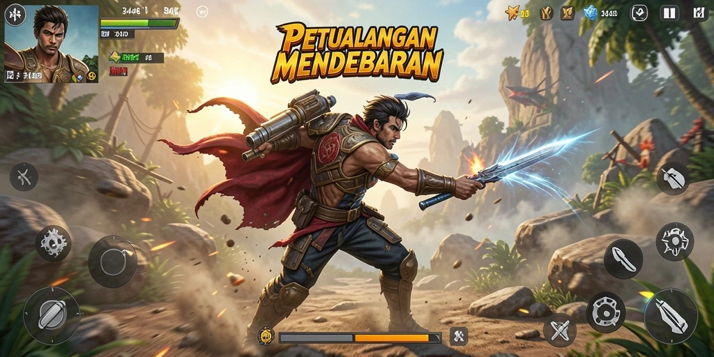 Screenshot utama 3446 menampilkan aksi seru di tengah perang melawan monster.