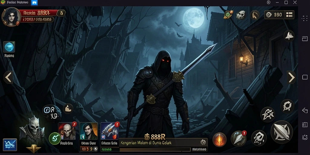 Screenshot utama 888R menampilkan momen tegang saat karakter menghadapi makhluk menyeramkan.