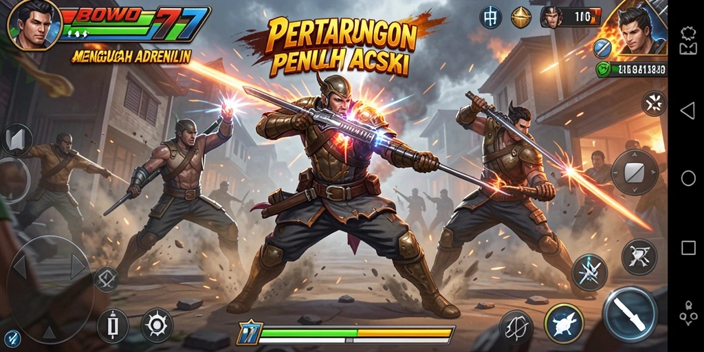 Tampilan seru dari pertarungan dalam BOWO77 dengan karakter-karakter yang epik.