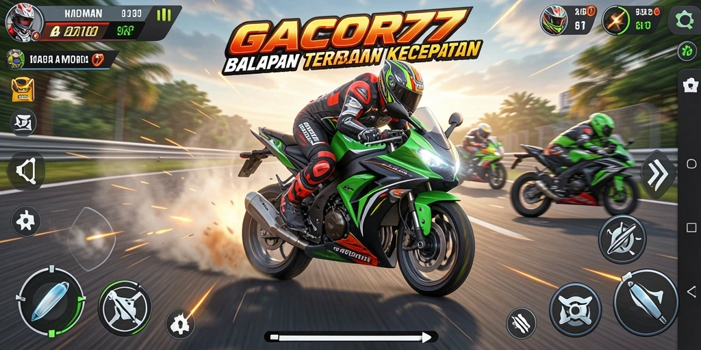 Tampilan gameplay menegangkan dari GACOR77 saat balapan motor.