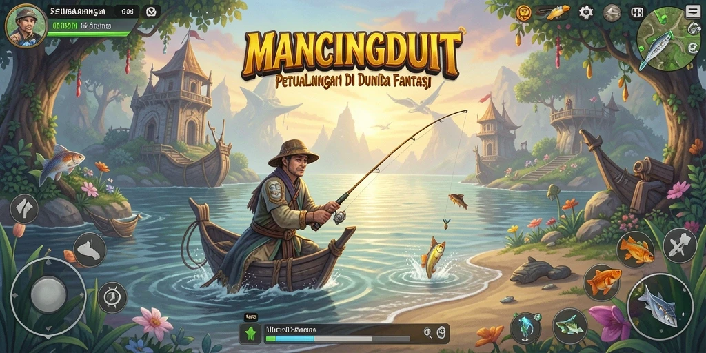 Screenshot gameplay MANCINGDUIT dengan aksi memancing yang mendebarkan.