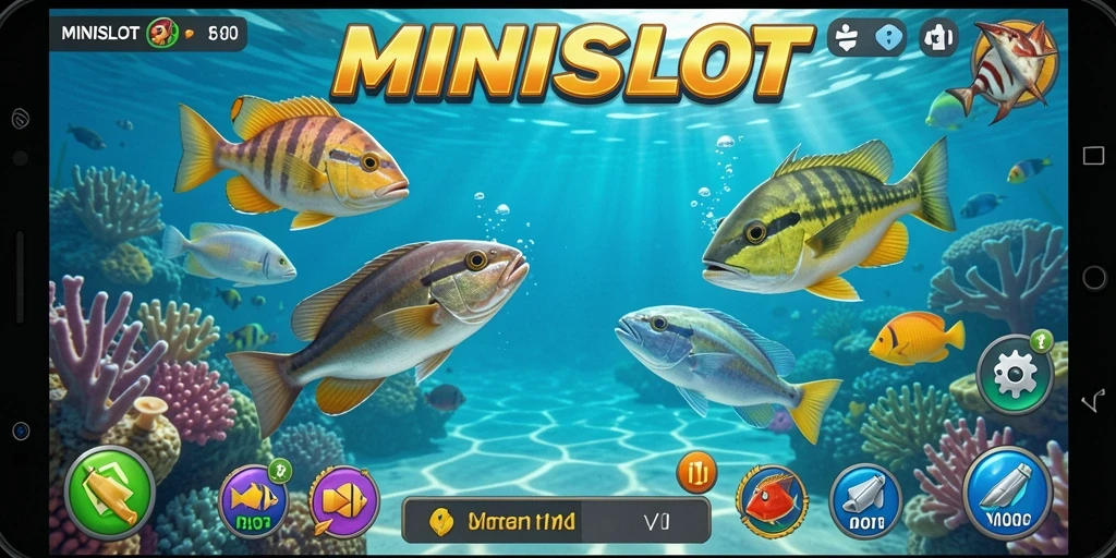 Tampilan gameplay seru dalam MINISLOT saat menangkap ikan.