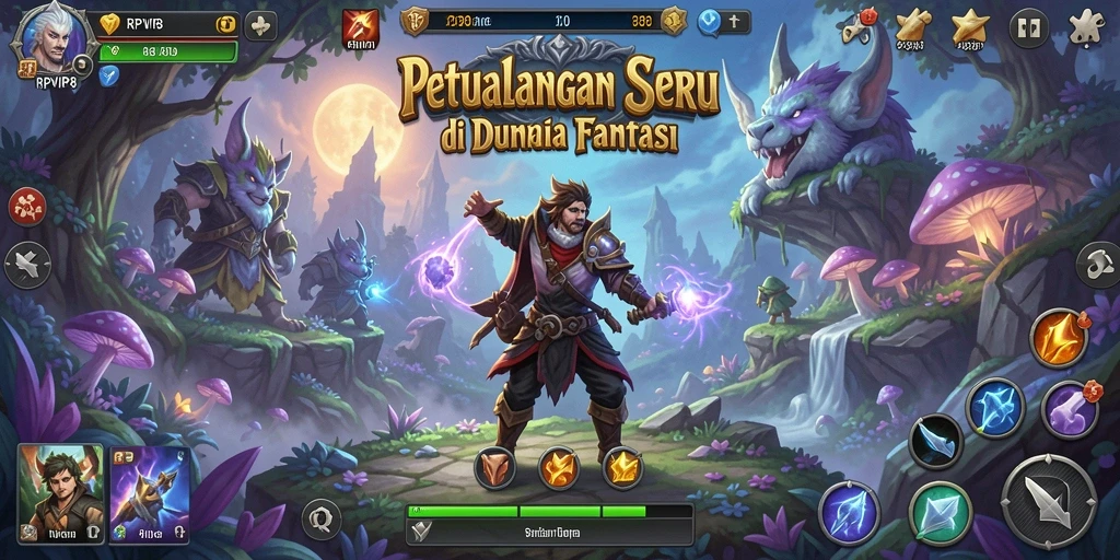Screenshot menampilkan karakter utama menjelajahi hutan misterius RPVIP8.
